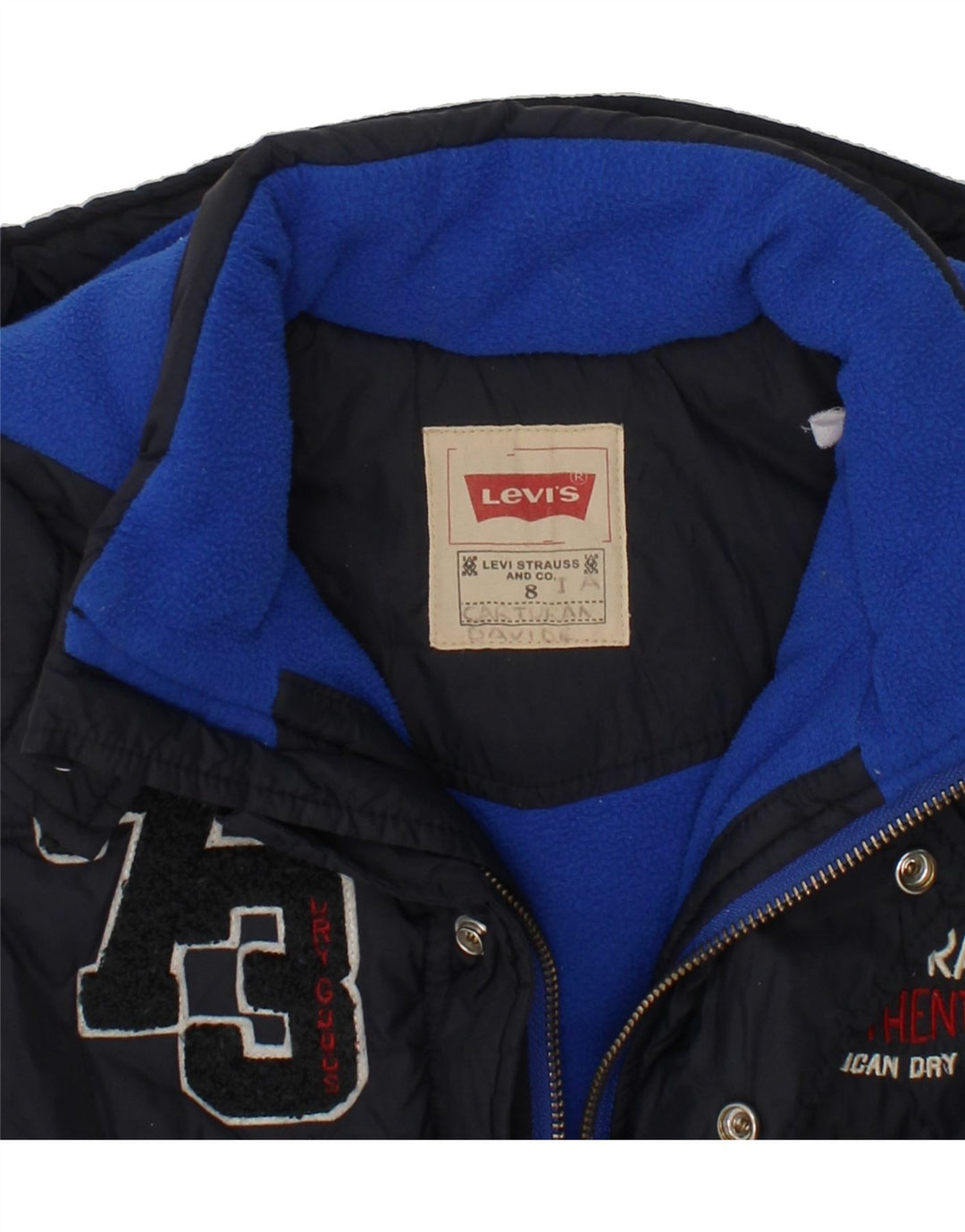 LEVI'S Boys Graphic Hooded Padded Gilet 7-8 Years Navy Blue Polyester Vintage Levi's and Second-Hand Levi's from Messina Hembry 