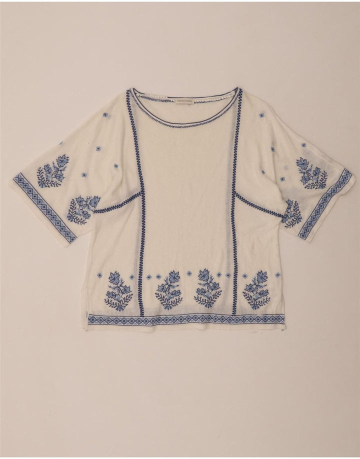 MONSOON Camicetta da donna Top UK 16 Grande lino floreale bianco sporco