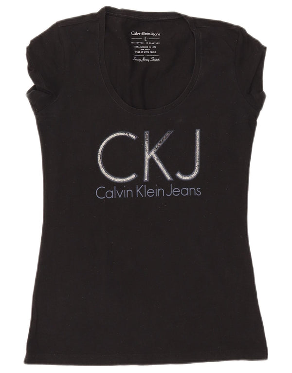 CALVIN KLEIN JEANS Womens Graphic T-Shirt Top UK 14 Large Black Cotton