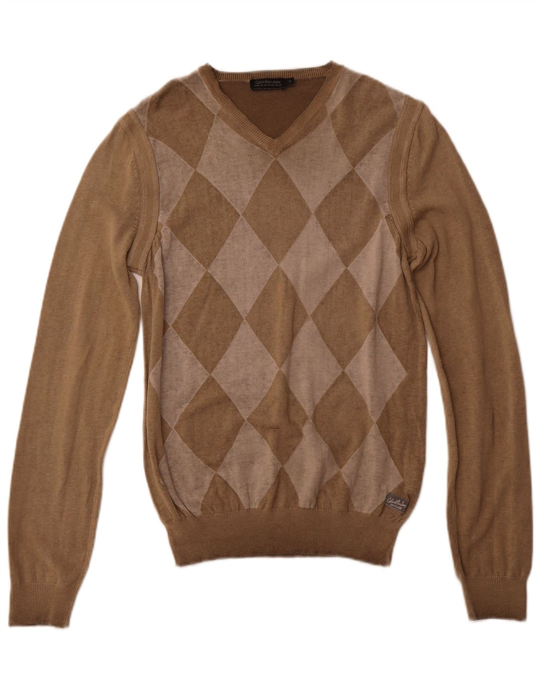 CALVIN KLEIN JEANS Maglione da uomo con scollo a V piccolo marrone a rombi/diamante
