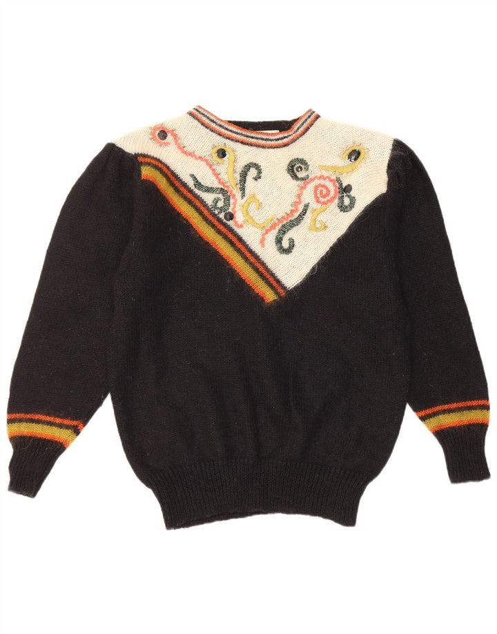 Maglione maglione girocollo da donna vintage UK 14 medio nero geometrico