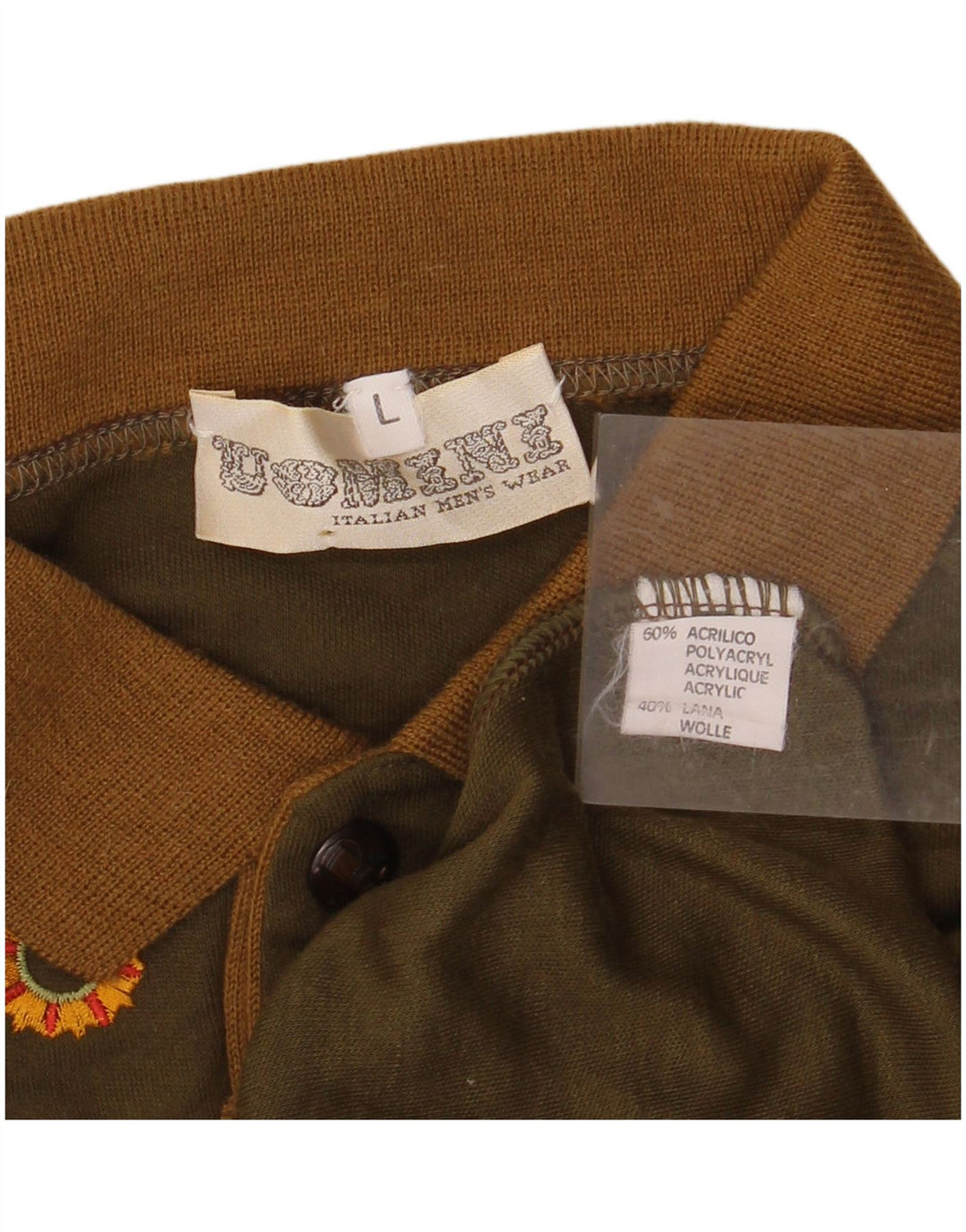 VINTAGE Maglione da uomo con collo a polo grande acrilico kaki