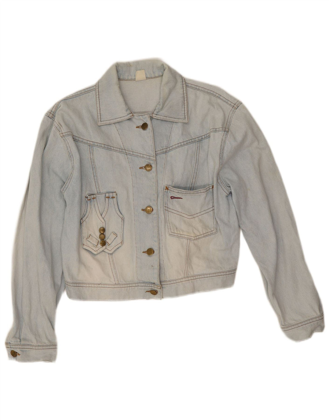 Giacca in denim con grafica corta da donna vintage UK 10 piccolo cotone blu