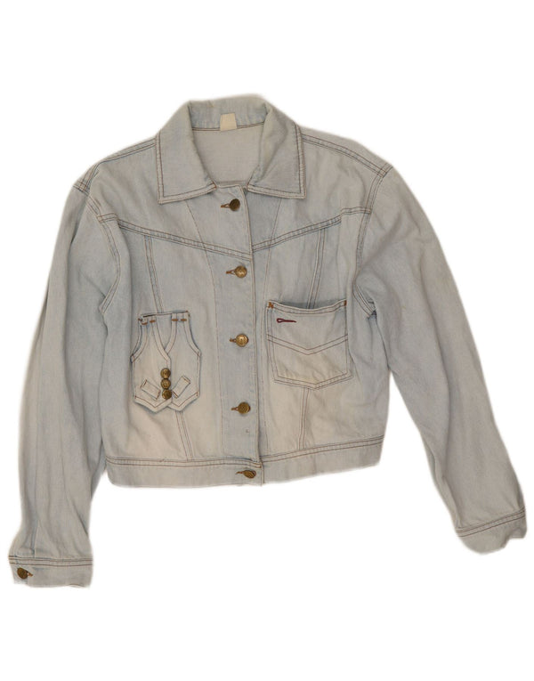 Giacca in denim con grafica corta da donna vintage UK 10 piccolo cotone blu