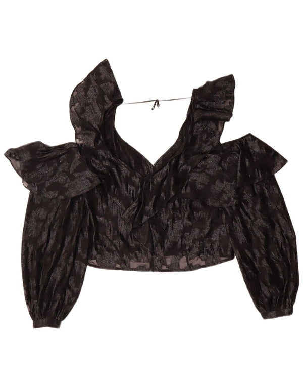 Top camicetta a maniche lunghe corta da donna vintage UK 14 medio nero floreale