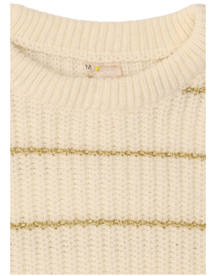 Maglione maglione girocollo da donna VINTAGE UK 14 medio a righe bianco sporco
