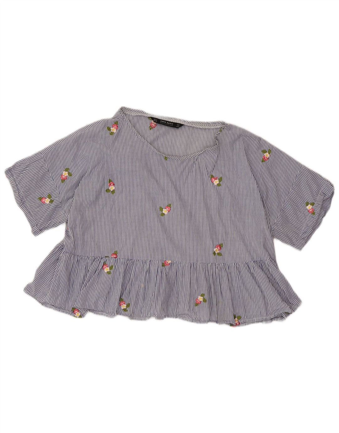 ZARA Camicetta Corta da Donna Top UK 14 Blu Medio Gessato