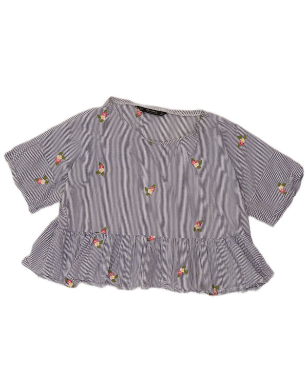 ZARA Womens Crop Blouse Top UK 14 Medium Blue Pinstripe