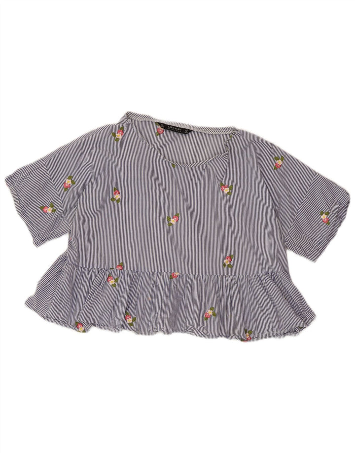 ZARA Camicetta Corta da Donna Top UK 14 Blu Medio Gessato