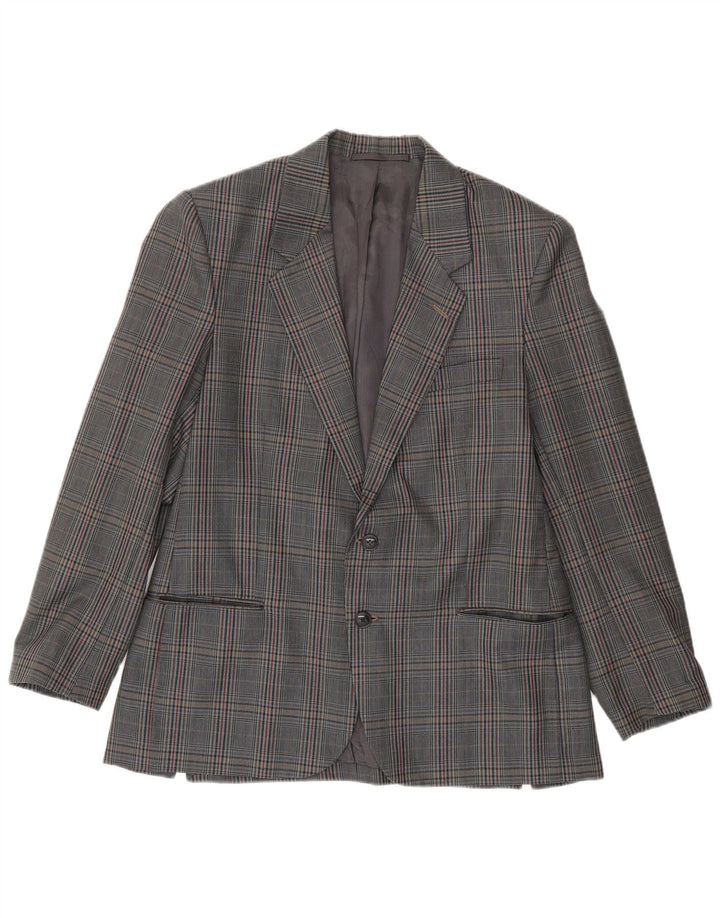 Giacca blazer vintage da uomo a 2 bottoni IT 50 grande lana vergine a quadri grigi