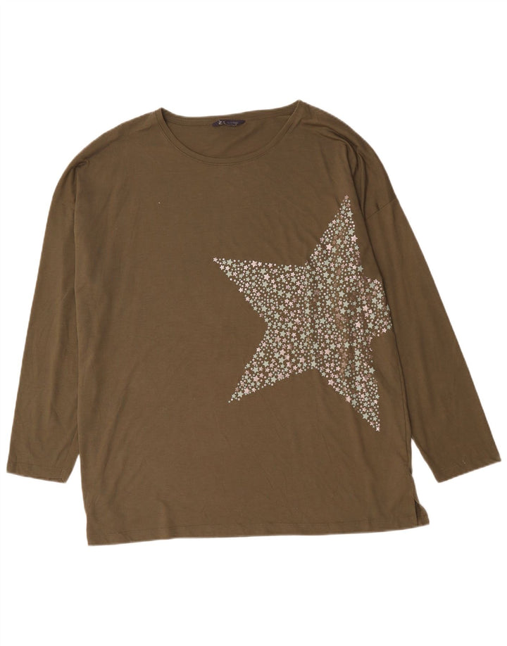 Marks & Spencer Top grafico oversize da donna a maniche lunghe UK 18 XL Cachi