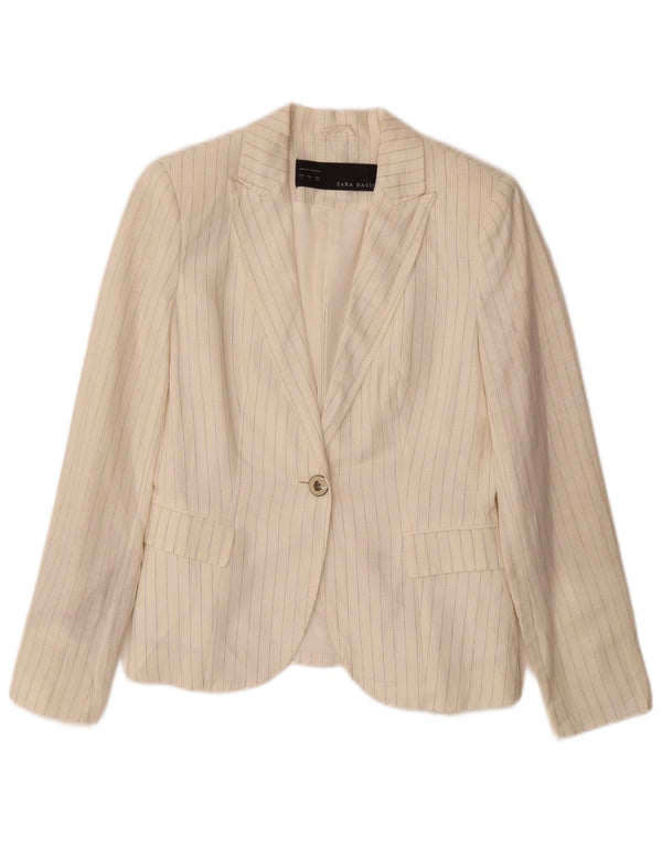 Giacca Blazer a 1 Bottone da Donna ZARA UK 10 Piccola Lino a Righe Bianco Sporco