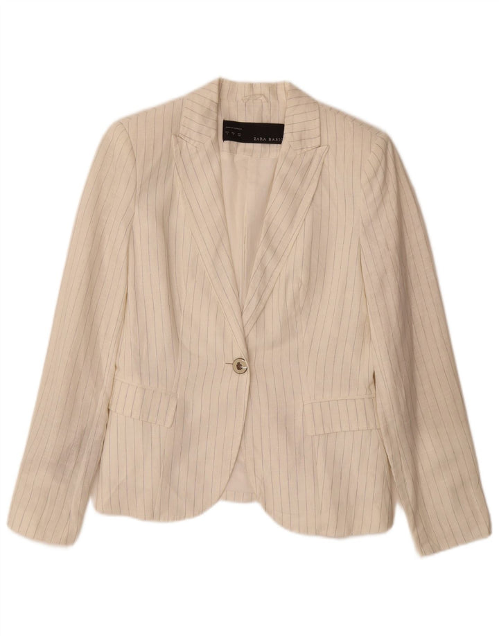 Giacca Blazer a 1 Bottone da Donna ZARA UK 10 Piccola Lino a Righe Bianco Sporco