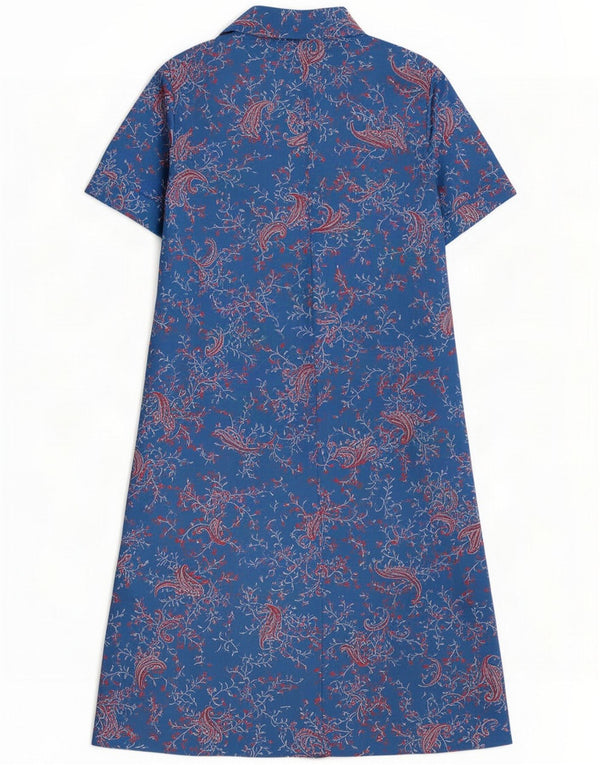 Abito chemisier vintage da donna a maniche corte UK 12 medio blu navy con motivo cachemire