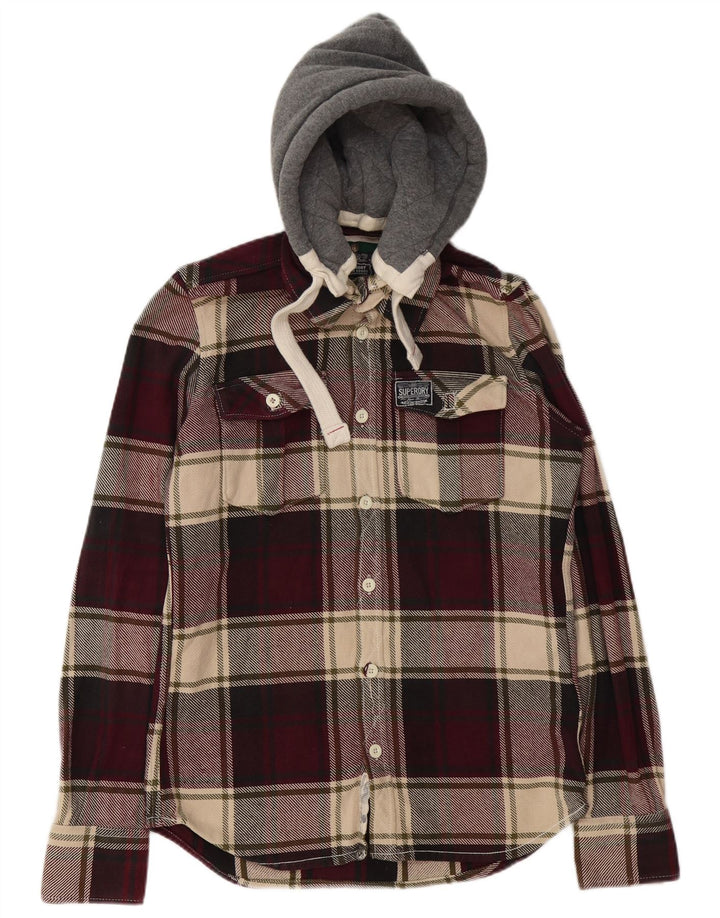 Camicia da uomo in flanella con cappuccio Superdry, cotone a quadri bordeaux medio