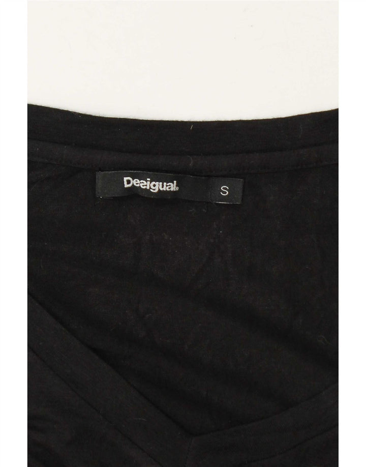 Desigual Donna Top Manica Lunga UK 10 Piccolo Nero Floreale