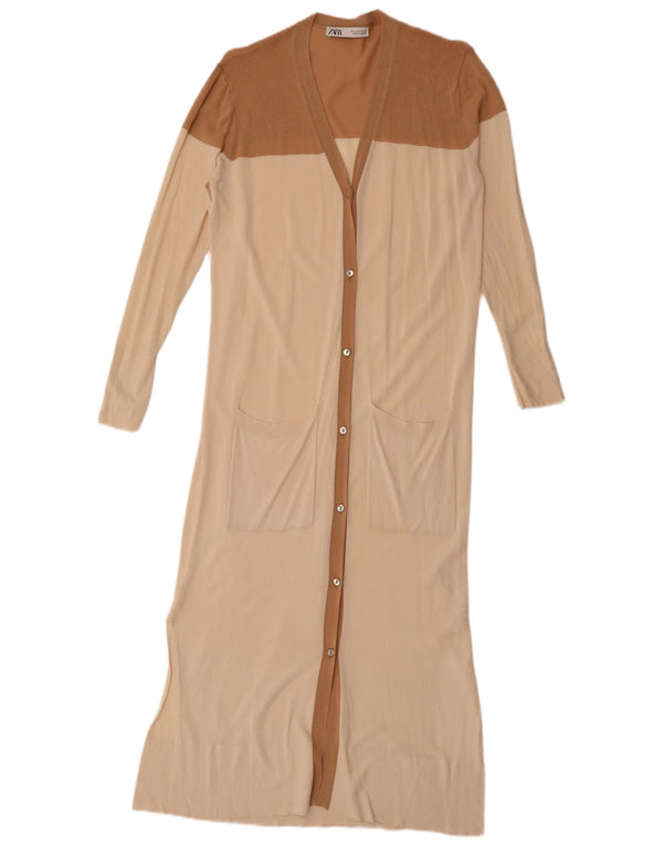 Maglione cardigan lungo da donna Zara UK 10 Small Beige Colourblock