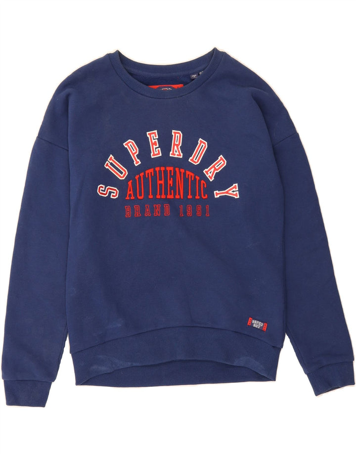 SUPERDRY Womens Graphic Sweatshirt Jumper UK 12 Medium  Navy Blue Cotton Vintage Superdry and Second-Hand Superdry from Messina Hembry 