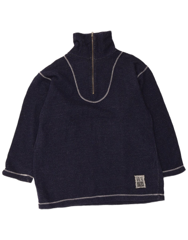 Felpa vintage da uomo con zip e collo maglione XL in lana blu navy