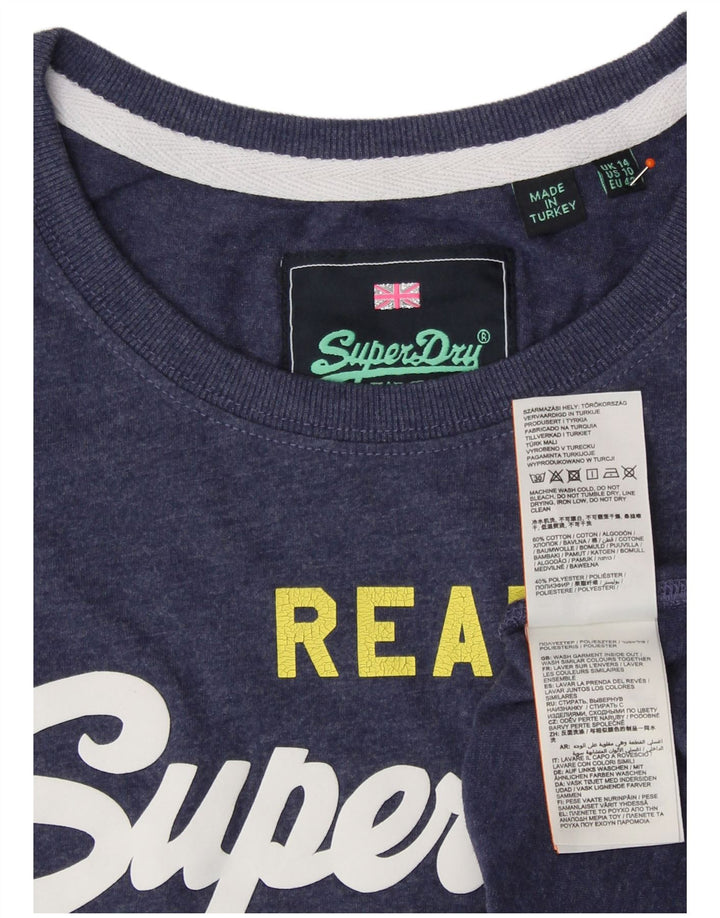 T-shirt grafica da donna SUPERDRY Top UK 14 grande cotone blu navy