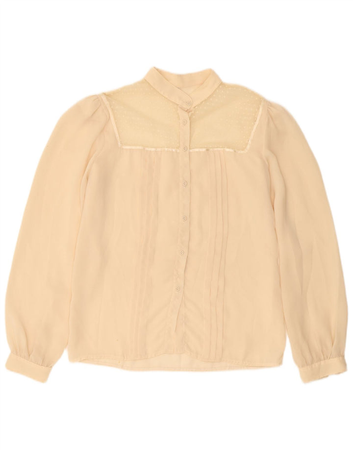 Camicetta camicia vintage da donna UK 12 medio bianco sporco maculato