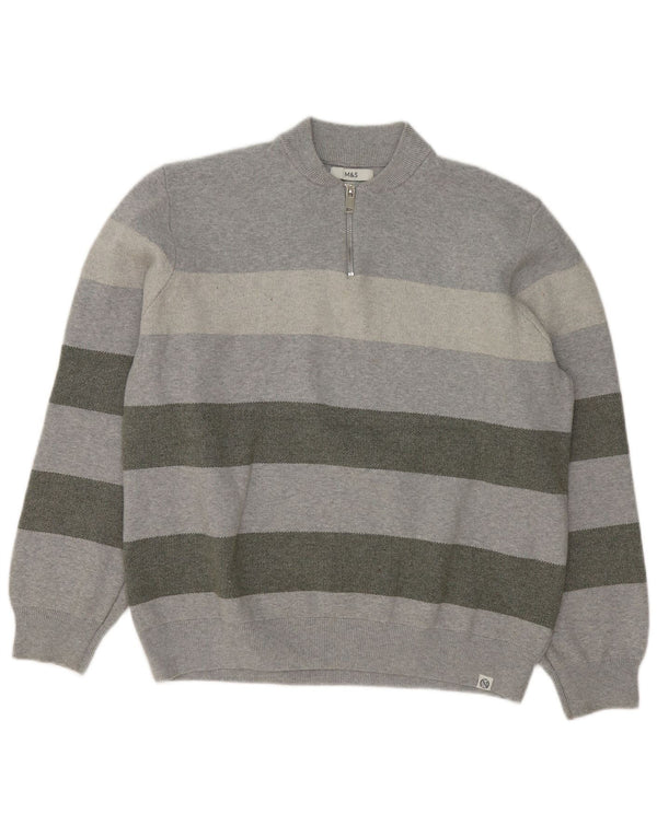 Maglione da uomo Marks & Spencer con zip e collo 2XL in cotone a righe grigie
