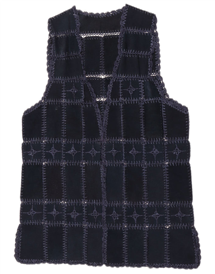 Gilet vintage da donna in pelle scamosciata UK 14 patchwork medio blu navy