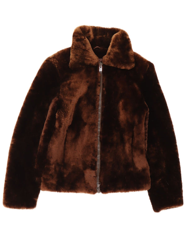 Giubbotto bomber vintage da donna in pelliccia sintetica UK 10 piccolo marrone