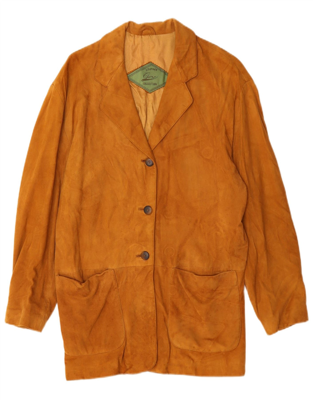 Giacca blazer in pelle vintage da donna a 3 bottoni UK 14 in pelle marrone medio