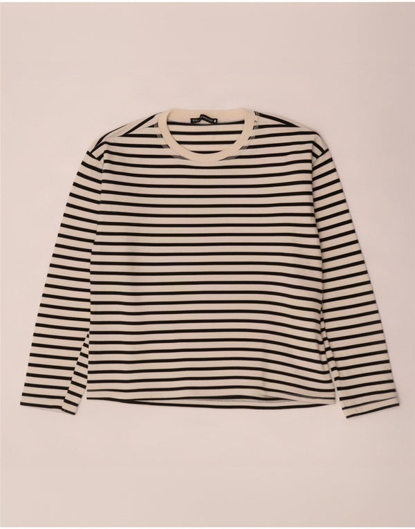 Zara Womens Top Long Sleeve UK 10 Small Off White Striped Cotton