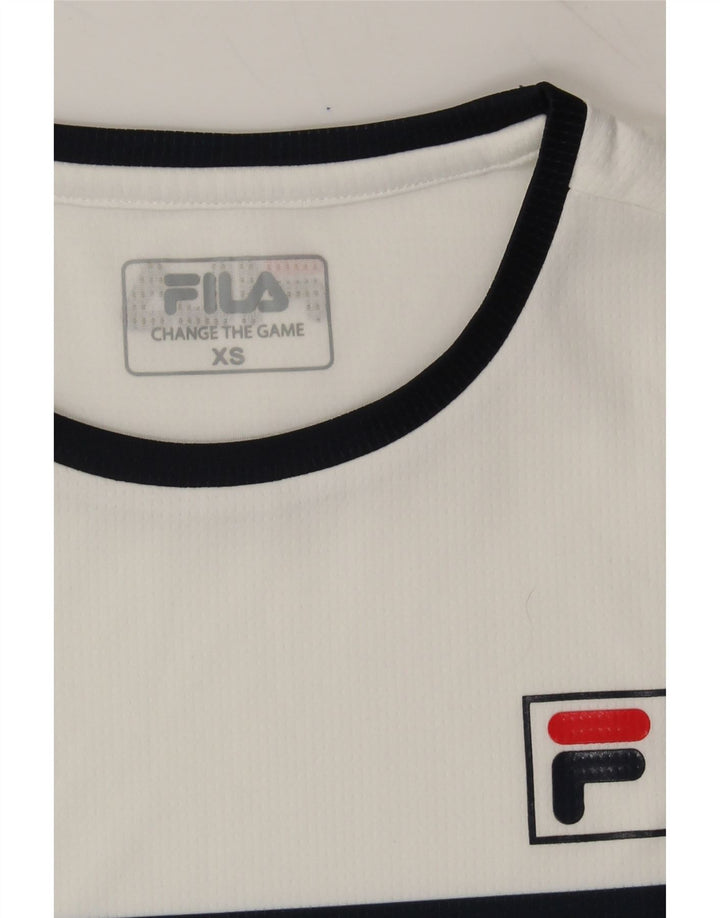 FILA Womens T-Shirt Top UK 6 XS White Striped Polyester Vintage Fila and Second-Hand Fila from Messina Hembry 