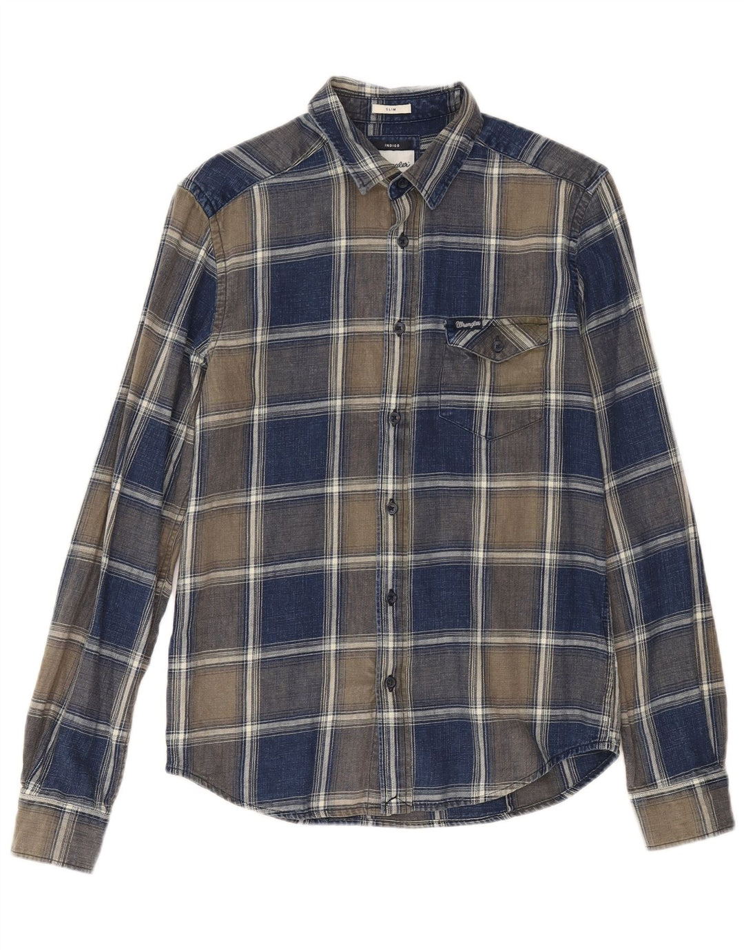 Camicia da uomo in flanella slim a quadri indaco Wrangler, piccolo check blu navy