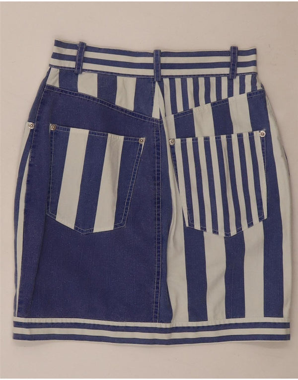 Mini gonna a tubino da donna vintage UK 8 piccola W26 cotone a righe blu navy