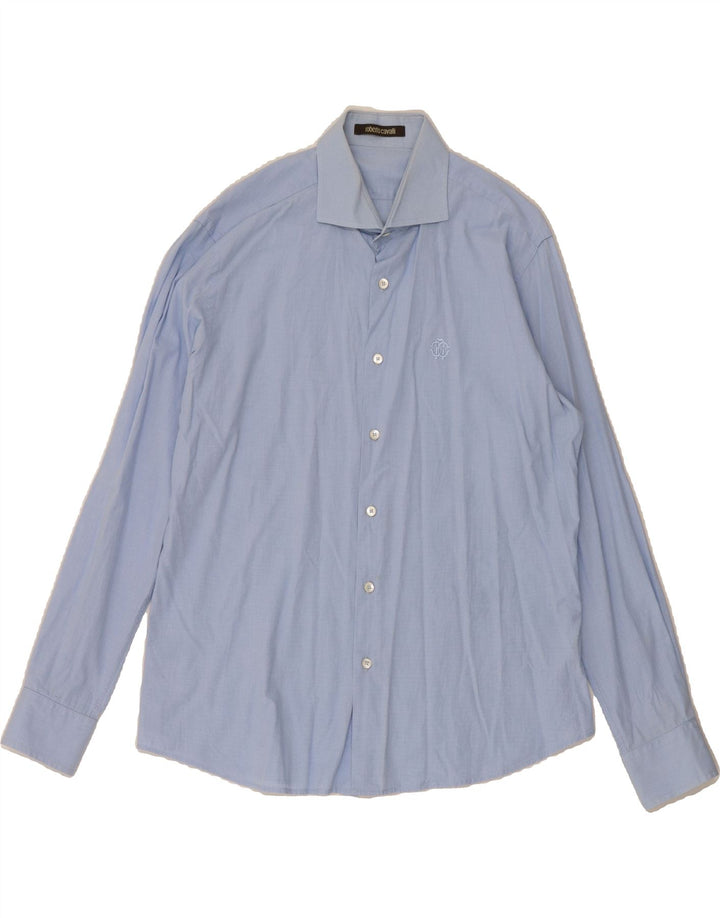 ROBERTO CAVALLI Mens Shirt Size 42 16 1/2 Large Blue Houndstooth Cotton Vintage Roberto Cavalli and Second-Hand Roberto Cavalli from Messina Hembry 