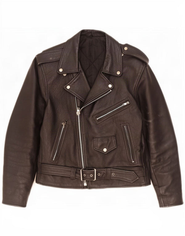 Giacca da motociclista in pelle vintage da uomo UK 36 piccola nera