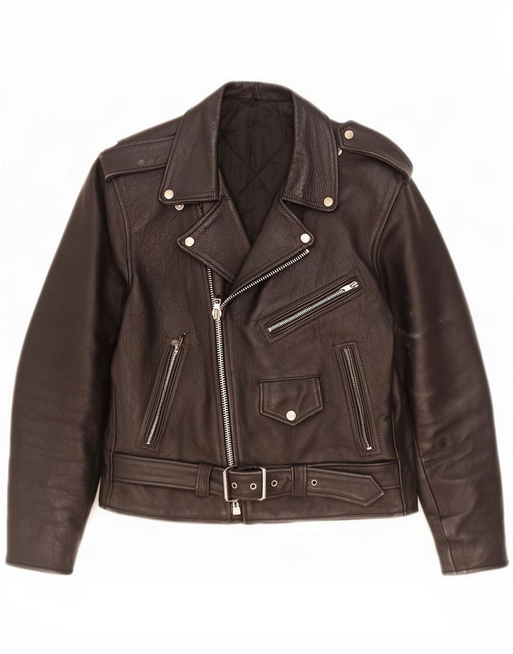 Giacca da motociclista in pelle vintage da uomo UK 36 piccola nera