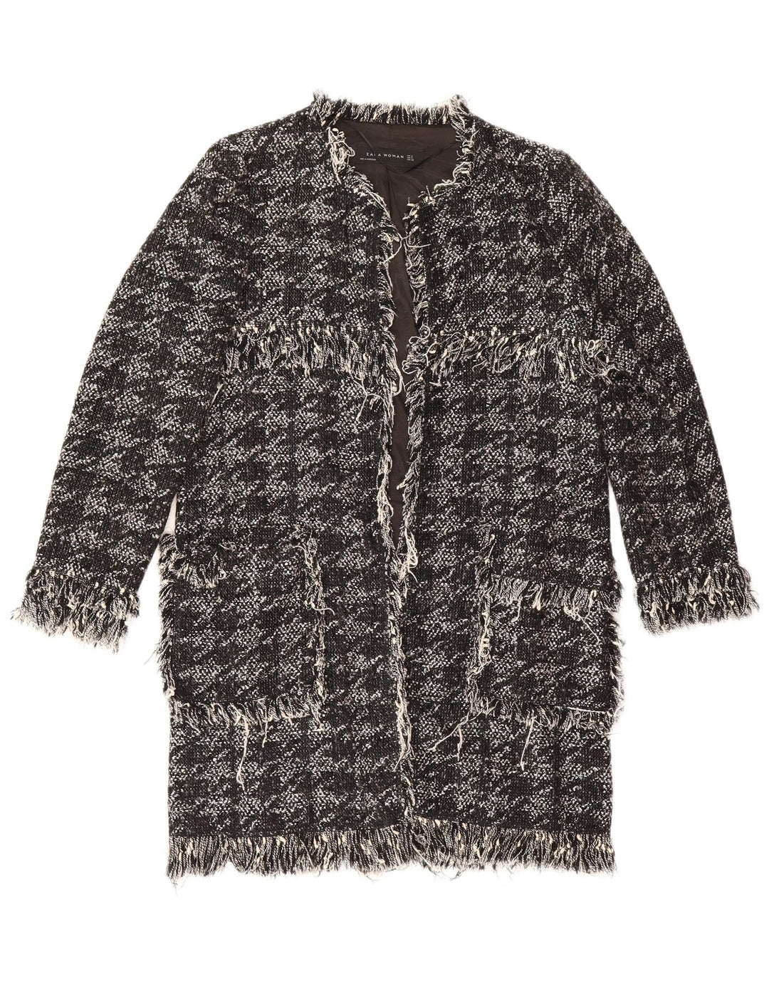 Soprabito aperto da donna Zara UK 10 piccolo cotone pied de poule nero