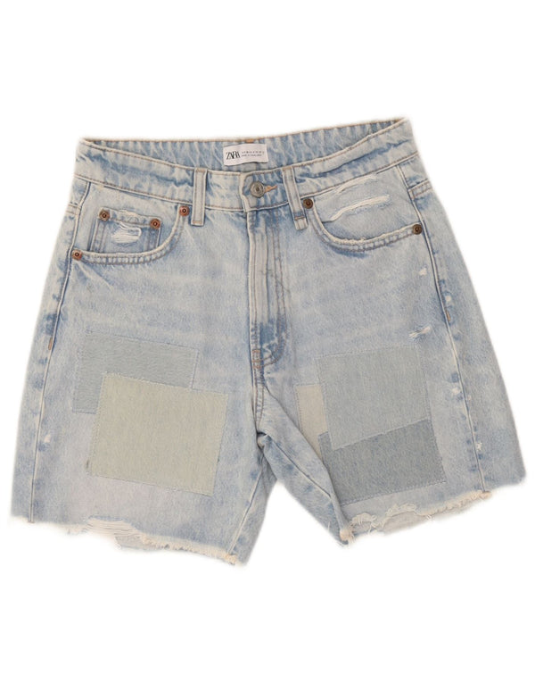 Pantaloncini in denim invecchiato da donna Zara EU 36 XS W26 cotone patchwork blu