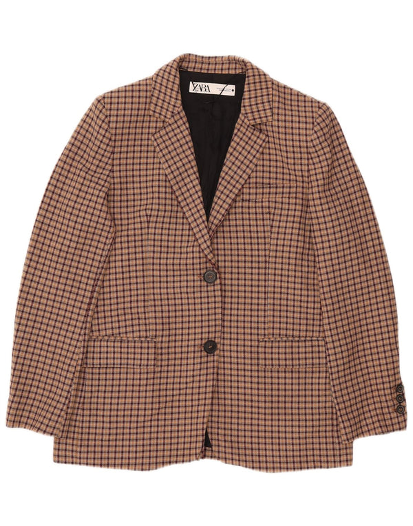 ZARA Giacca Blazer a 2 Bottoni da Donna UK 14 Viscosa a quadri Marrone Medio