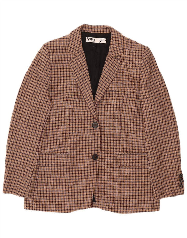 ZARA Giacca Blazer a 2 Bottoni da Donna UK 14 Viscosa a quadri Marrone Medio