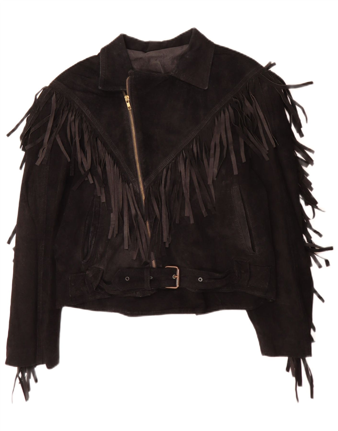 Giacca vintage in pelle scamosciata da donna IT 50 XL Cowboy in pelle nera