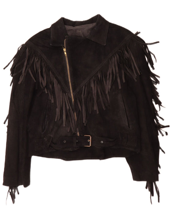 Giacca vintage in pelle scamosciata da donna IT 50 XL Cowboy in pelle nera