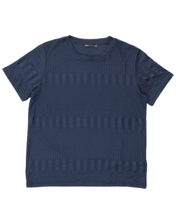 MARKS & SPENCER T-shirt da donna Top UK 16 Grande poliestere a righe blu navy