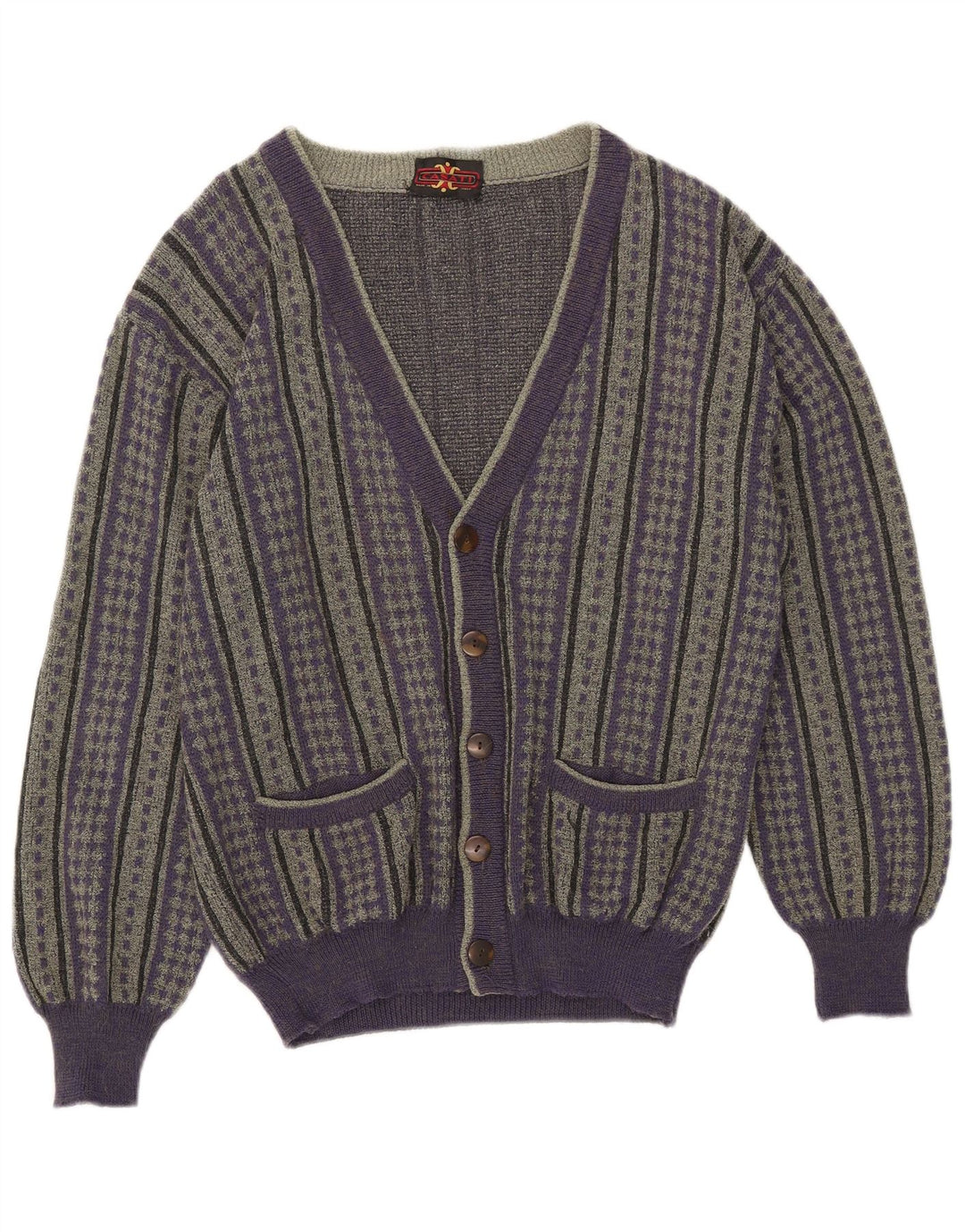 Maglione cardigan vintage da uomo IT 50 lana a righe viola medio
