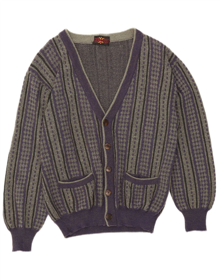 Maglione cardigan vintage da uomo IT 50 lana a righe viola medio