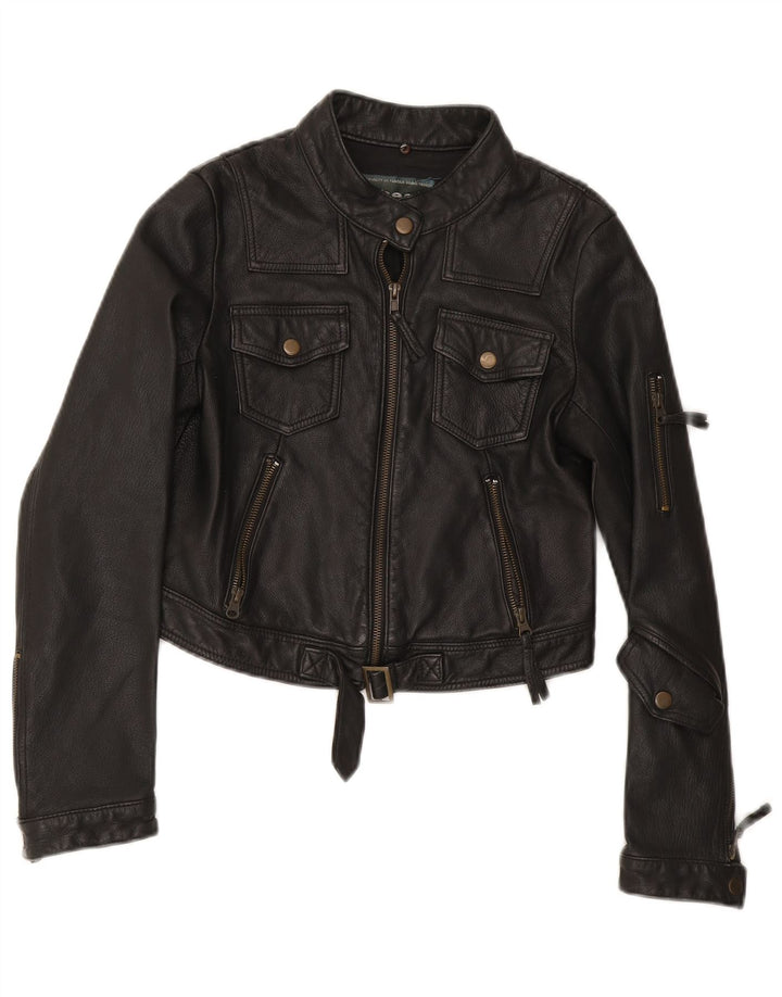 Giacca in pelle da motociclista vintage da donna UK 12 media nera