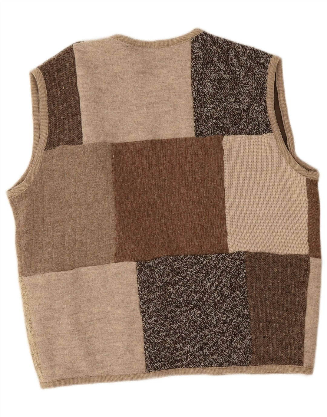 Maglione cardigan aperto senza maniche da donna vintage UK 16 grande patchwork beige