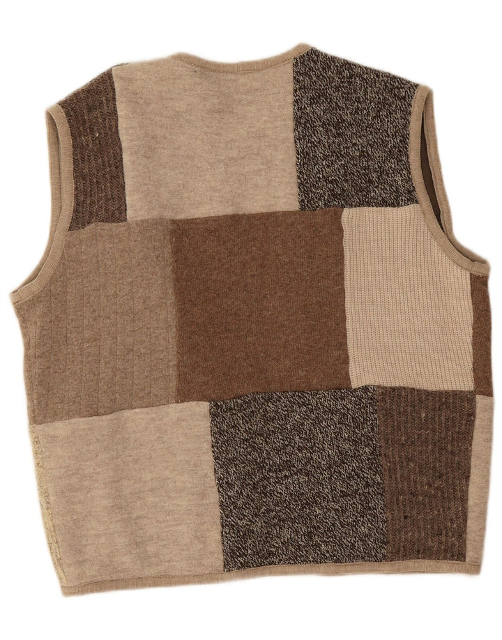 Maglione cardigan aperto senza maniche da donna vintage UK 16 grande patchwork beige