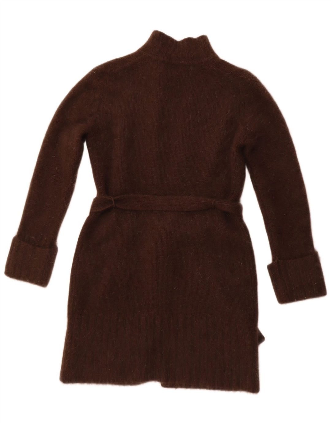 MONSOON Maglione cardigan lungo da donna UK 12 Lana d'agnello marrone medio