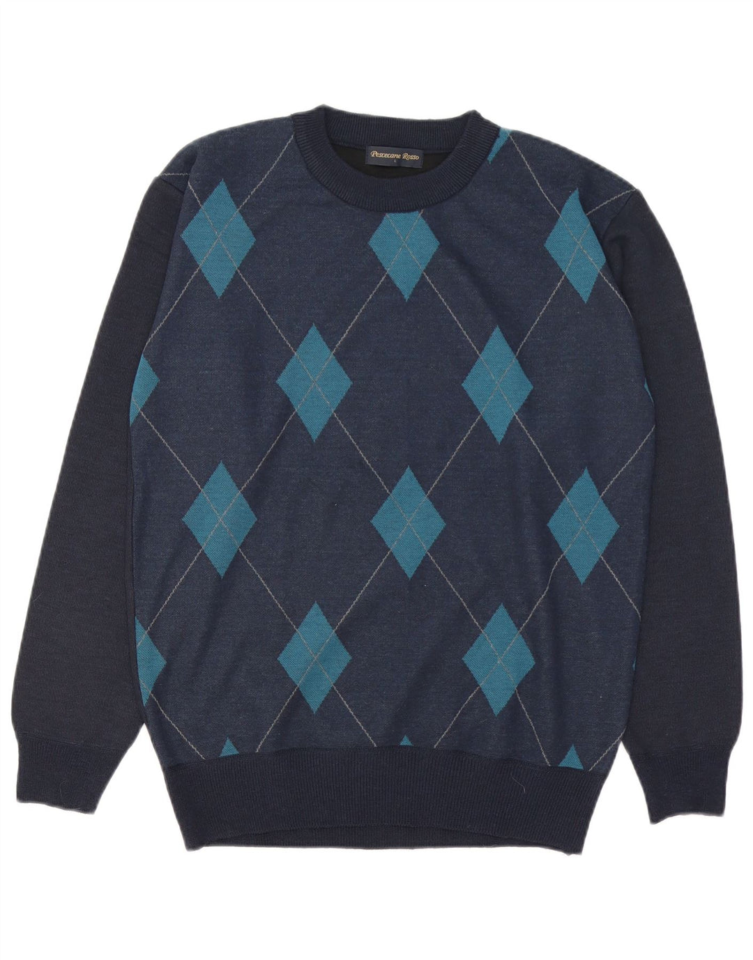 Maglione girocollo da uomo vintage grande in lana a rombi/diamante blu navy